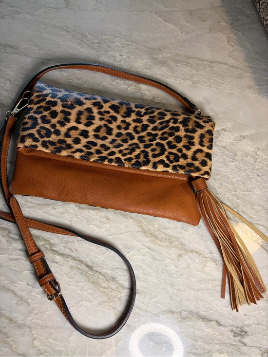 Handbags - Leopard Print Fold-Over Crossbody Bag in Tan